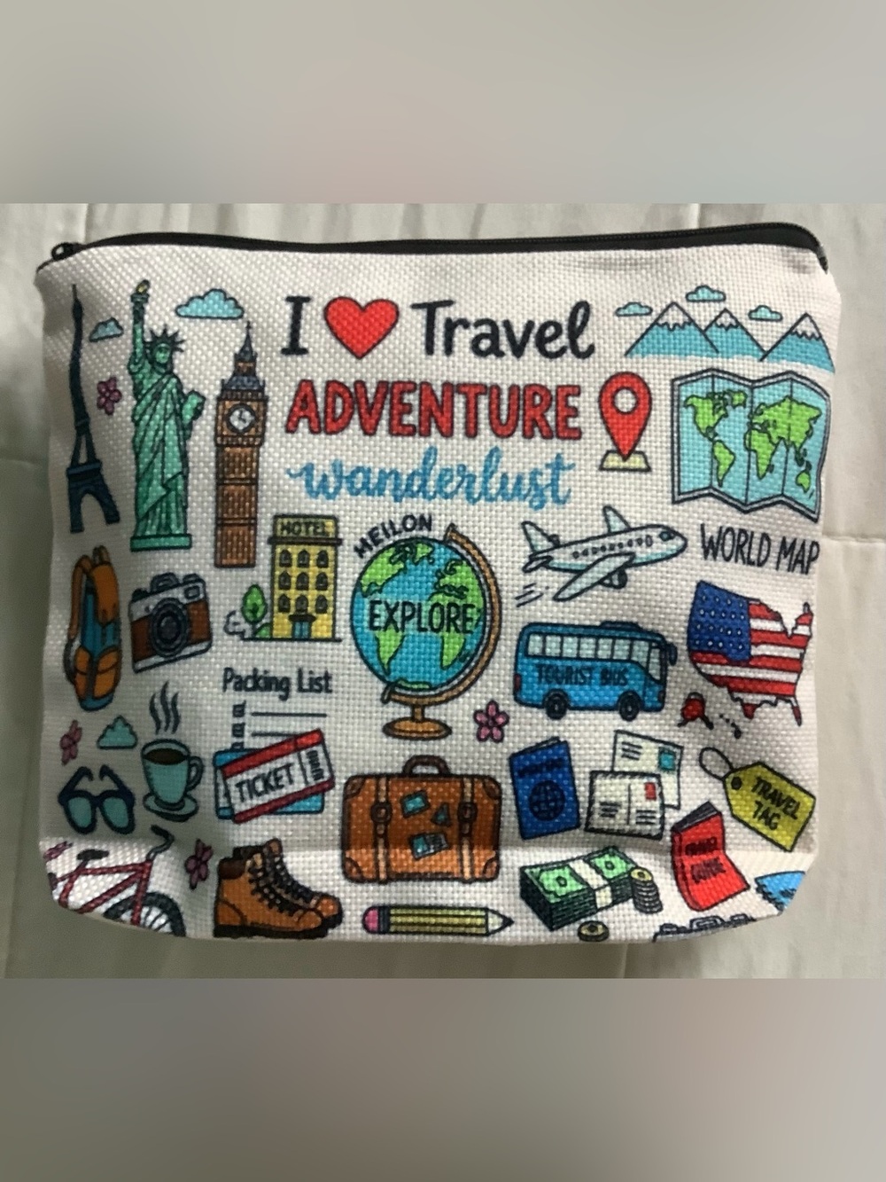 Travel Adventure Cosmetic Bag - White with Multicolor Travel Icons